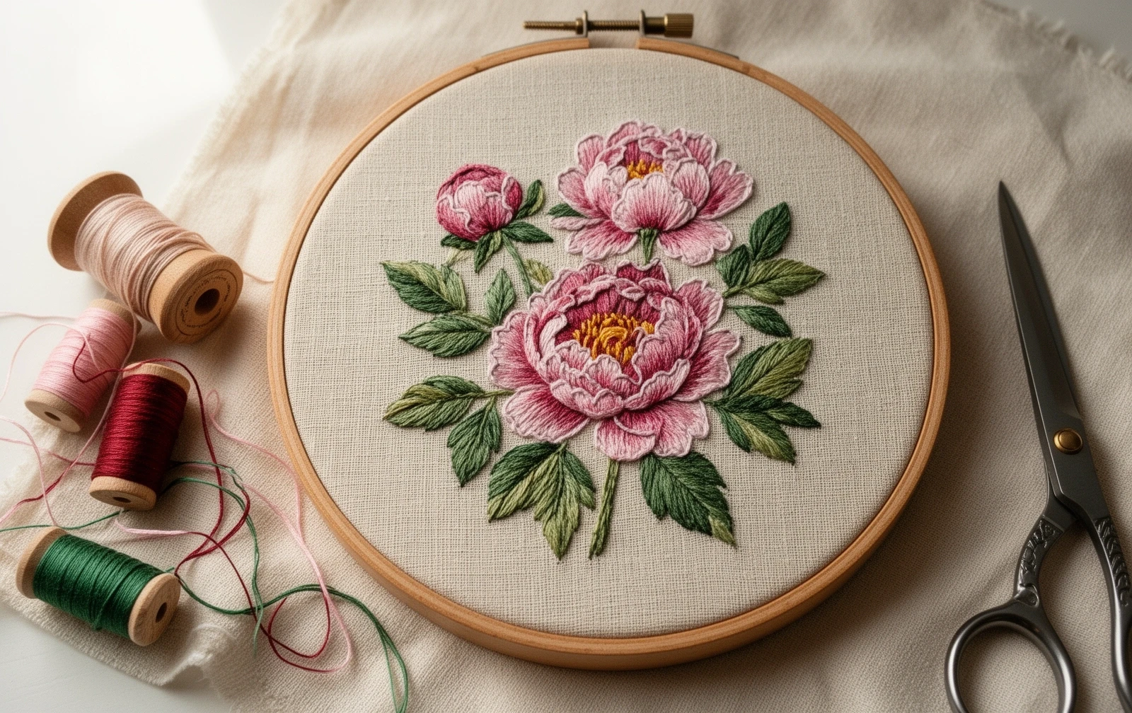 Tamborek z haftowanymi piwoniami, kolorowe szpulki nici i nożyczki na lnianym tle