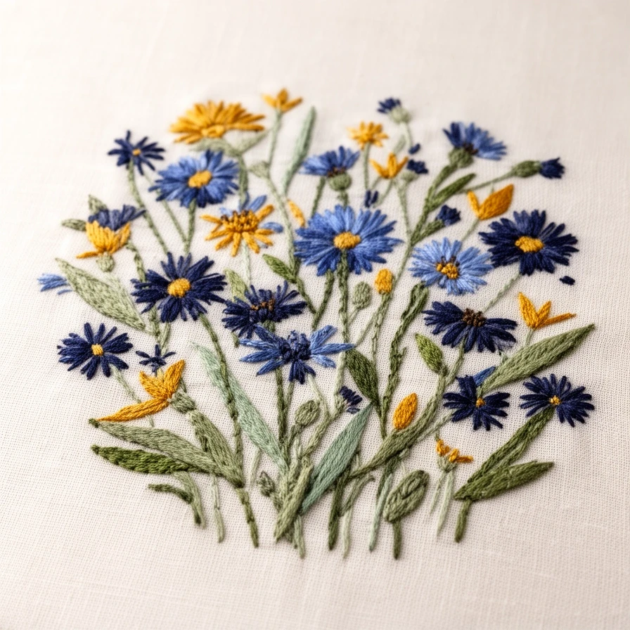 Wzór haftu z łąką chabrów w odcieniach granatu i złota