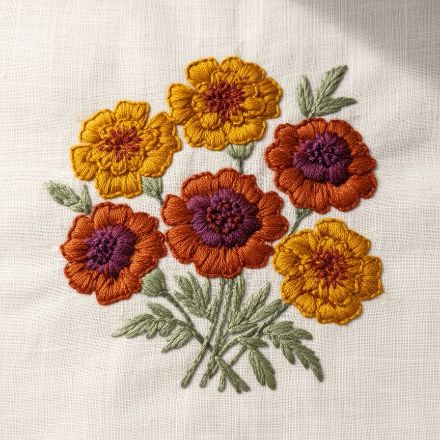 Wzór haftu z aksamitkami w odcieniach musztardy i terakoty