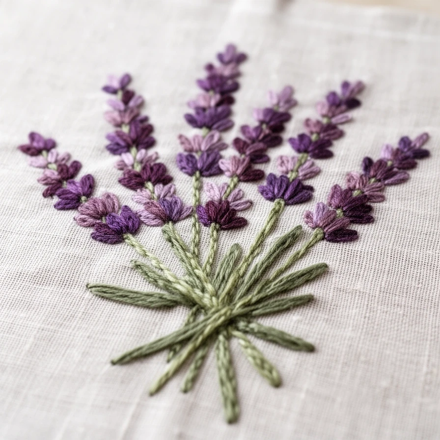 Wzór haftu z gałązkami lawendy w odcieniach śliwki i szałwii