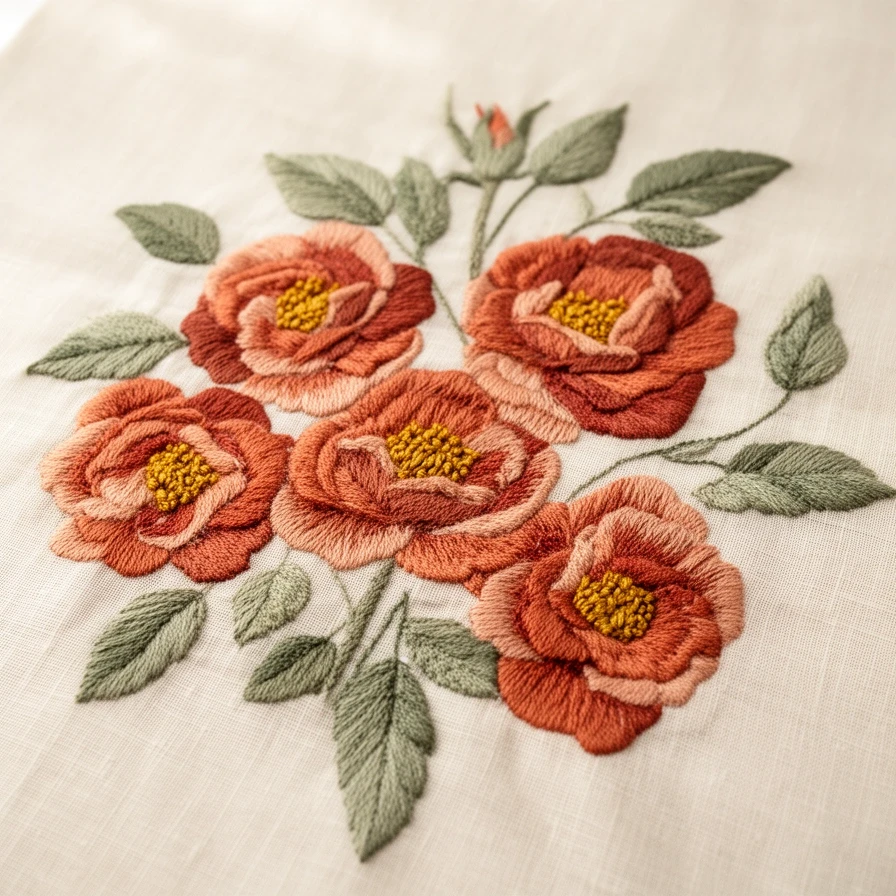 Wzór haftu z dzikimi różami w odcieniach różu i terakoty
