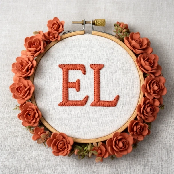 Portret Ewy Lewandowskiej w tamborku z monogramem